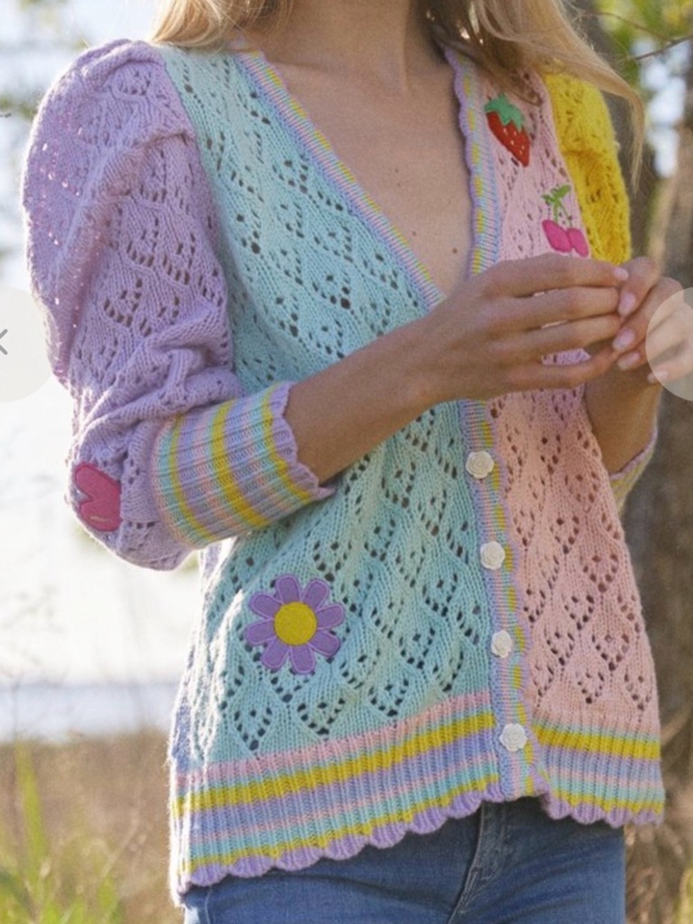 LoveShackFancy Pastel Lace Knit Cardigan in Lavender, Mint, Pink & Yellow